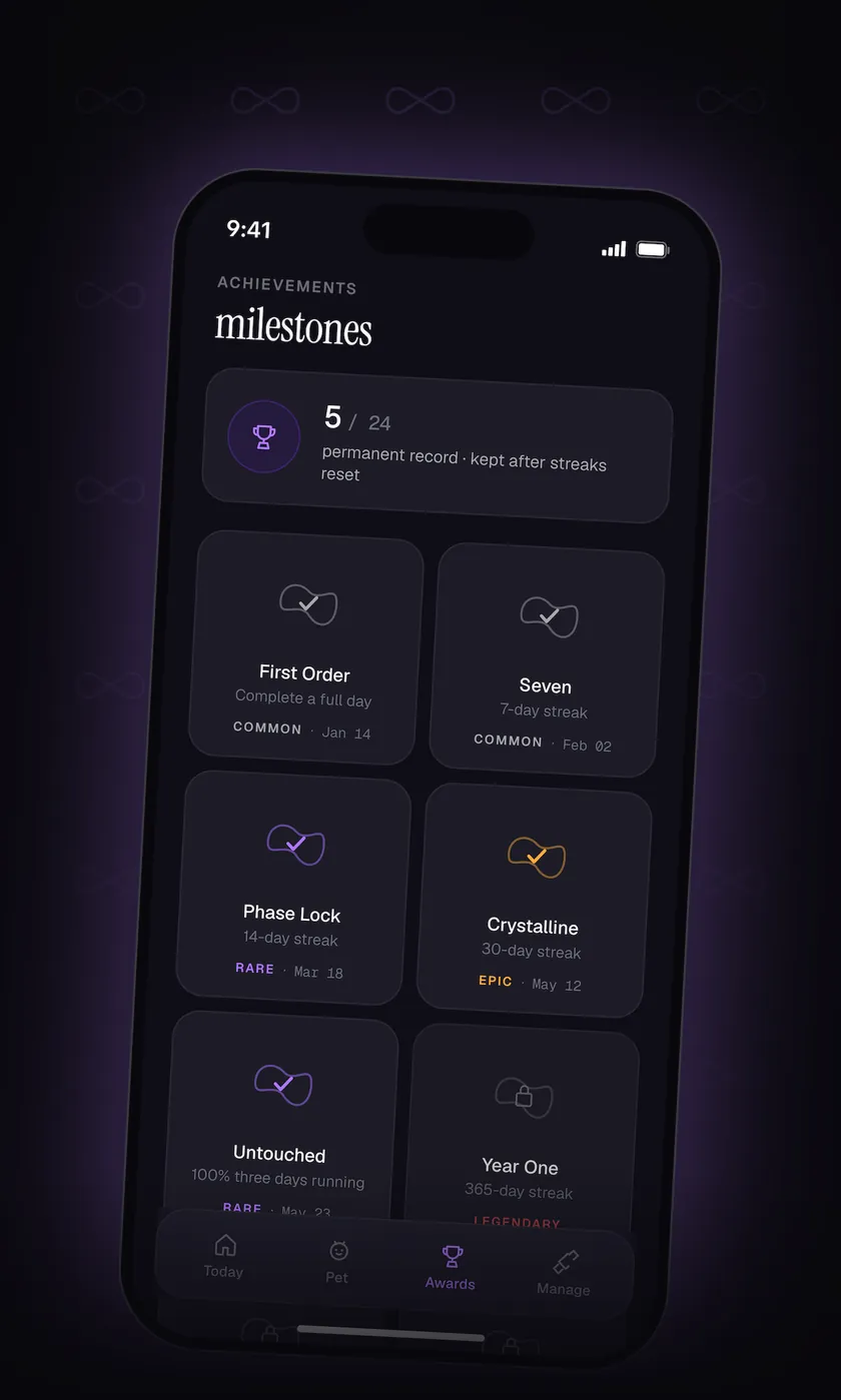 The Achievements screen: 5 of 24 milestones earned, including First Order, Seven, Phase Lock and the epic Crystalline 30-day streak.