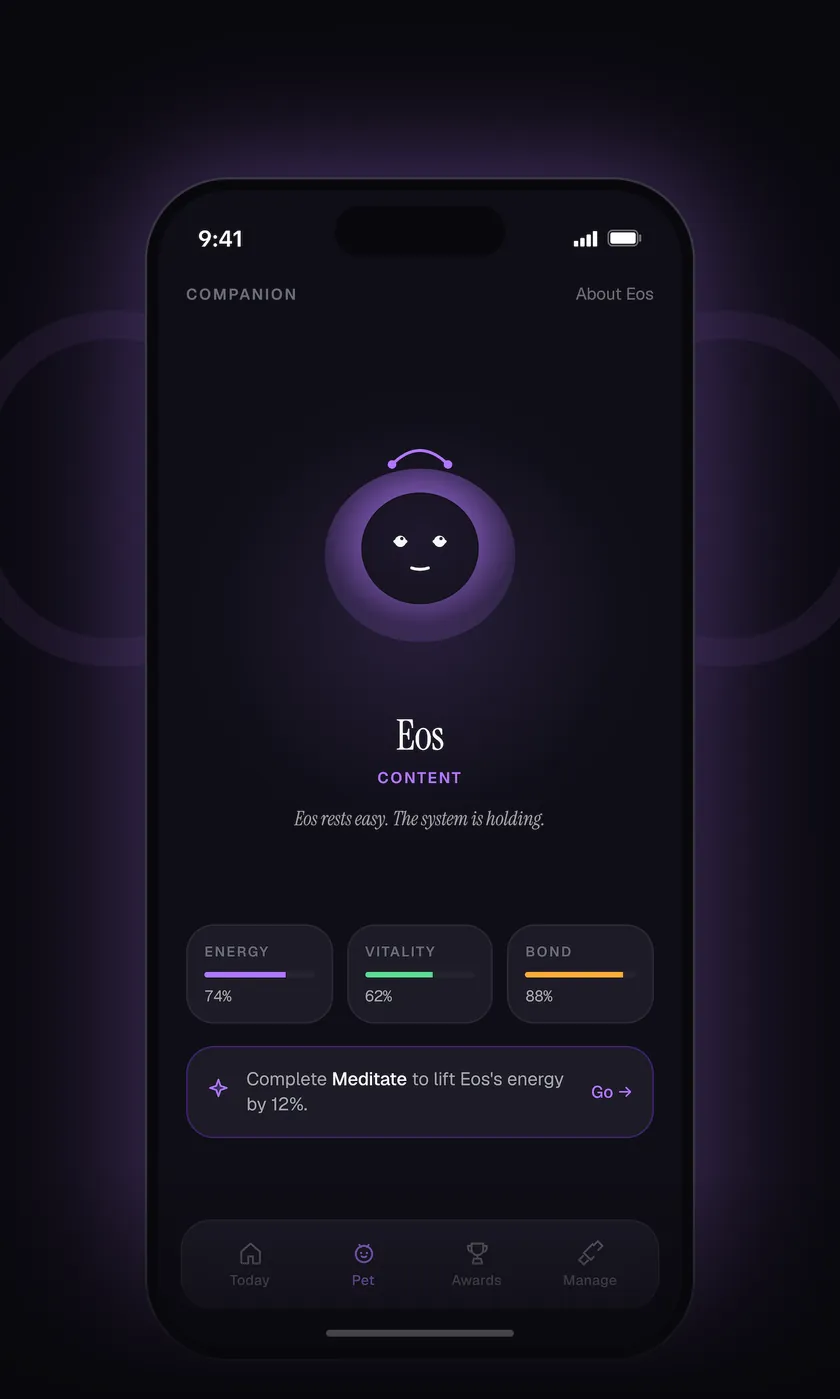 Eos, a glowing violet companion, content, with energy at 74 percent, vitality 62 percent and bond 88 percent.